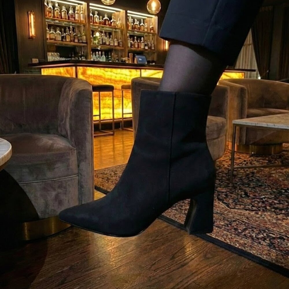 NWT X2B Gaia Black Suede Sock Booties | Pointed Toe Sculptural 3" Block Heel